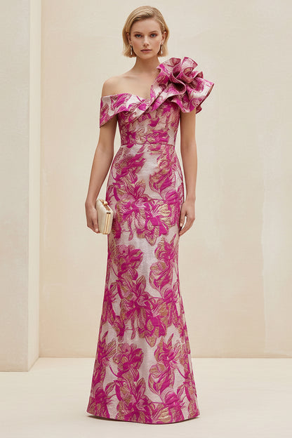 One-Shoulder Metallic Jacquard Column Evening Gown