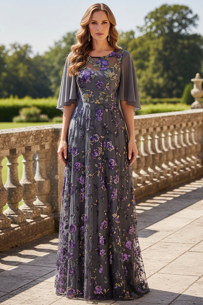 Floral Sequin A-Line Gown with Flutter Sleeves