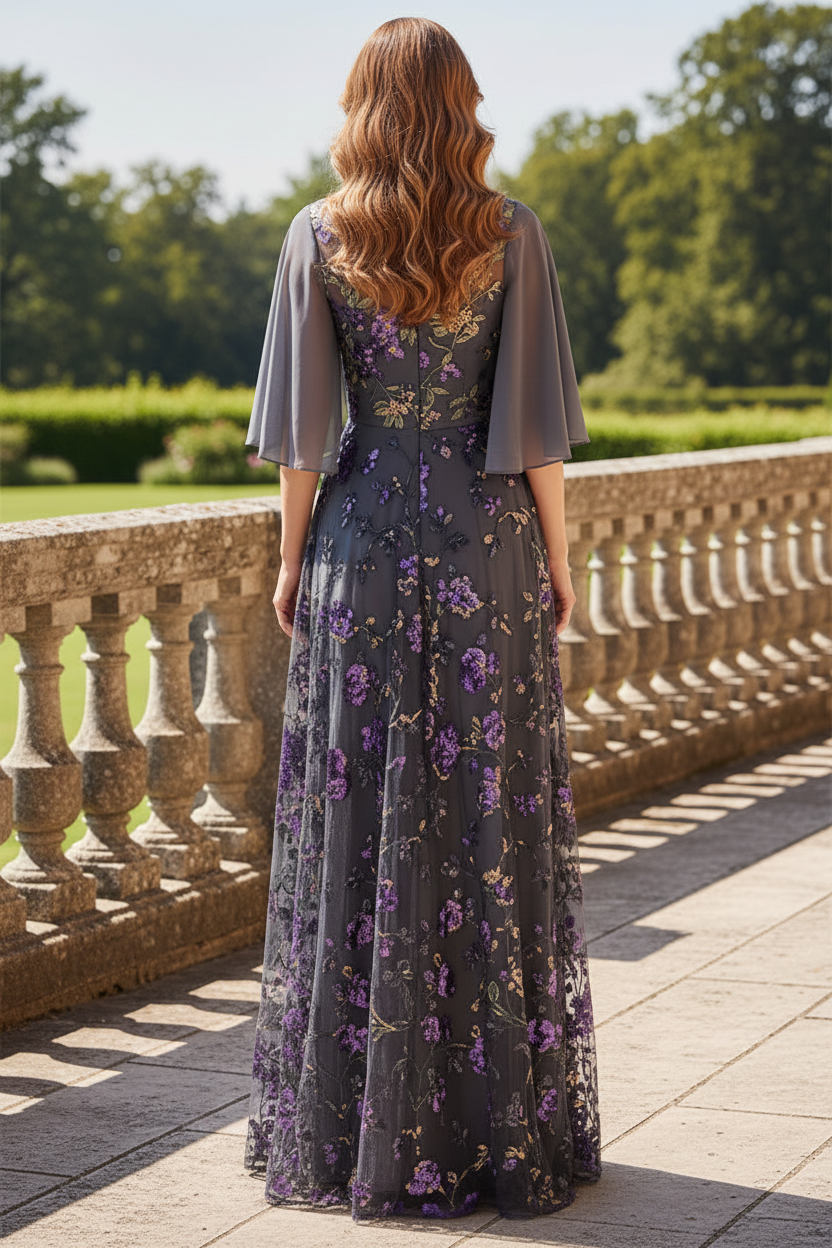 Floral Sequin A-Line Gown with Flutter Sleeves