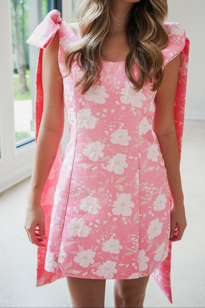 Floral Jacquard Mini Dress with Shoulder Bow Ties