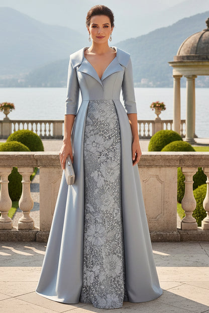 Collared Satin Evening Gown with Sequin Skirt