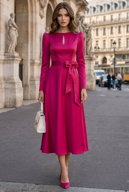 Long Sleeve Keyhole A-Line Midi Dress with Bow