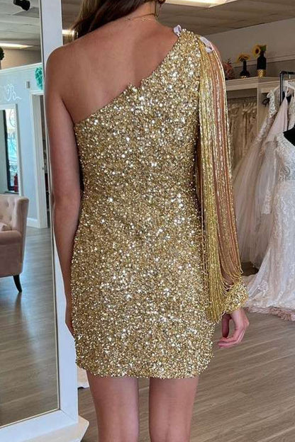 One-Shoulder Sequin Mini Dress with Beaded Fringe