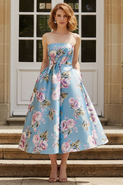 Strapless Floral Pleated Tea-Length Dress
