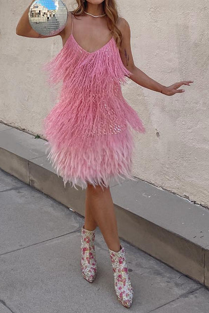 Fringe and Feather Sequin Mini Slip Dress