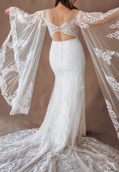 Lace Mermaid Wedding Dress with Long Cape Sleeves