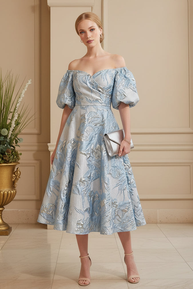 Off-the-Shoulder Metallic Jacquard Midi Dress