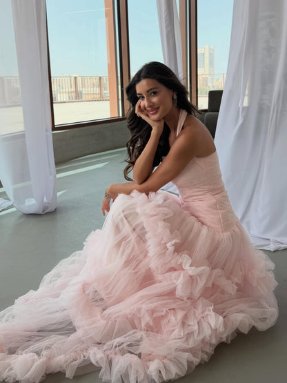 Ruched Halter Tiered Ruffle Tulle Gown