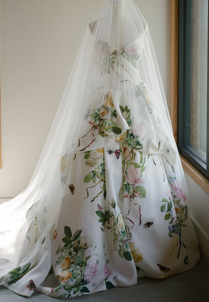 Floral Strapless Ball Gown with Draped Skirt