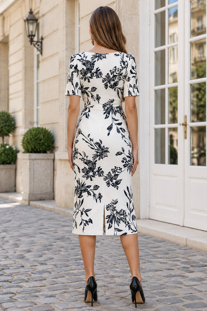 Floral Print Short Sleeve Midi Sheath Dress