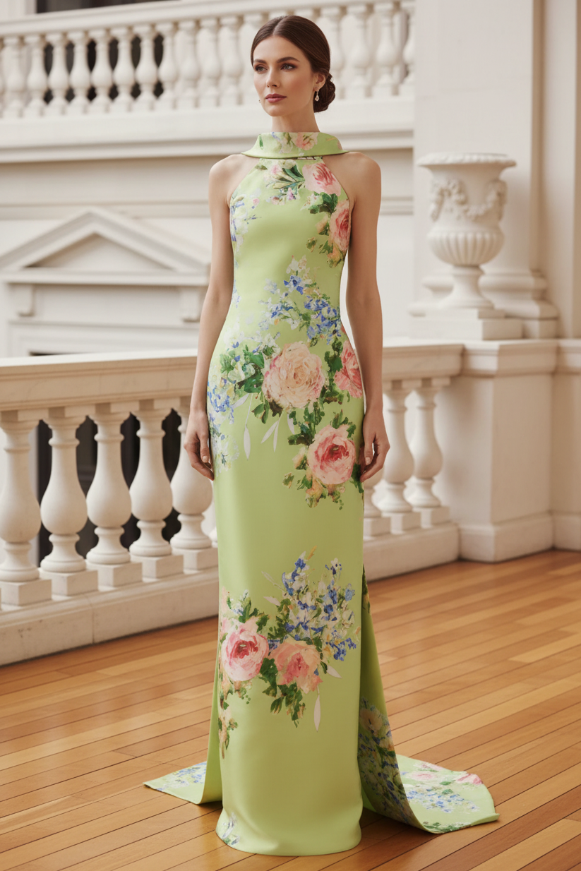 Floral Print Satin Halter Gown with Open Back