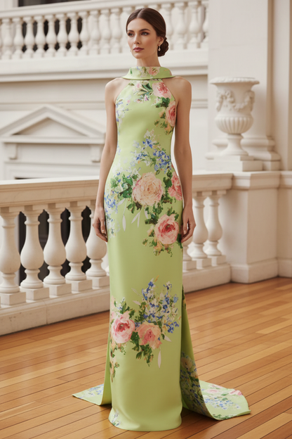 Floral Print Satin Halter Gown with Open Back