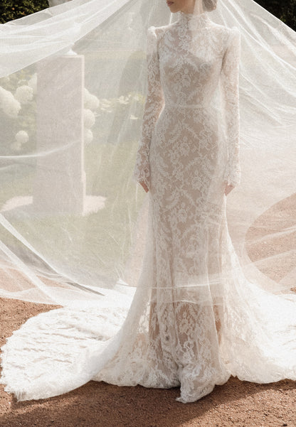 High-Neck Lace Long-Sleeve Wedding Dress