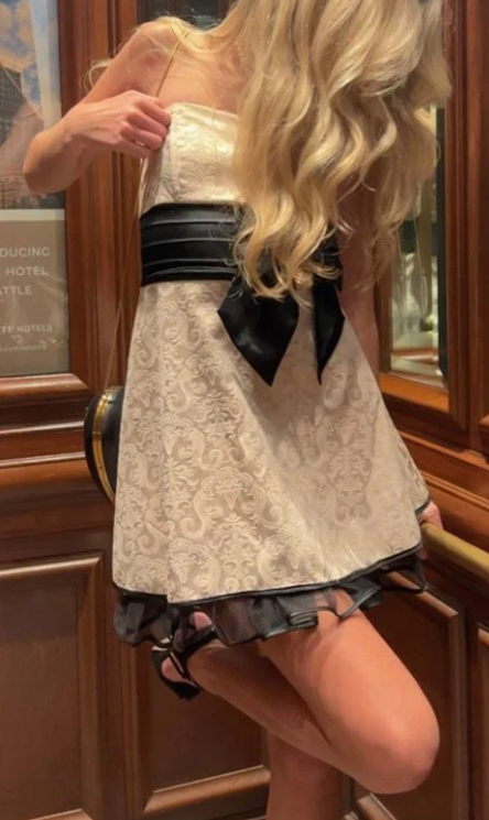 Strapless Jacquard Mini Dress with Bow Sash