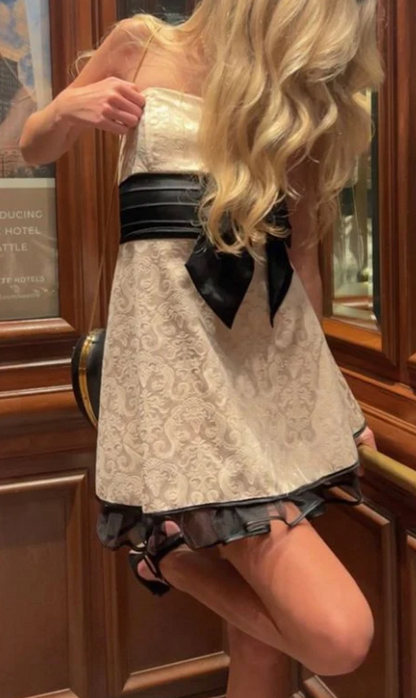 Strapless Jacquard Mini Dress with Bow Sash