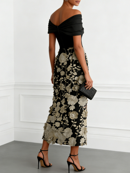 Off-Shoulder Floral Applique Midi Dress