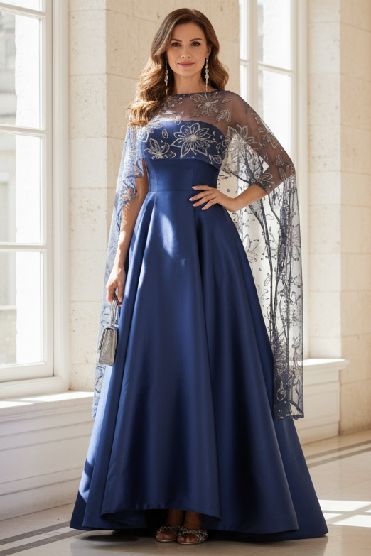 A-Line High-Low Evening Gown with Embellished Cape