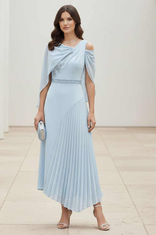 Asymmetrical Pleated Tea-Length Dress with Capelet
