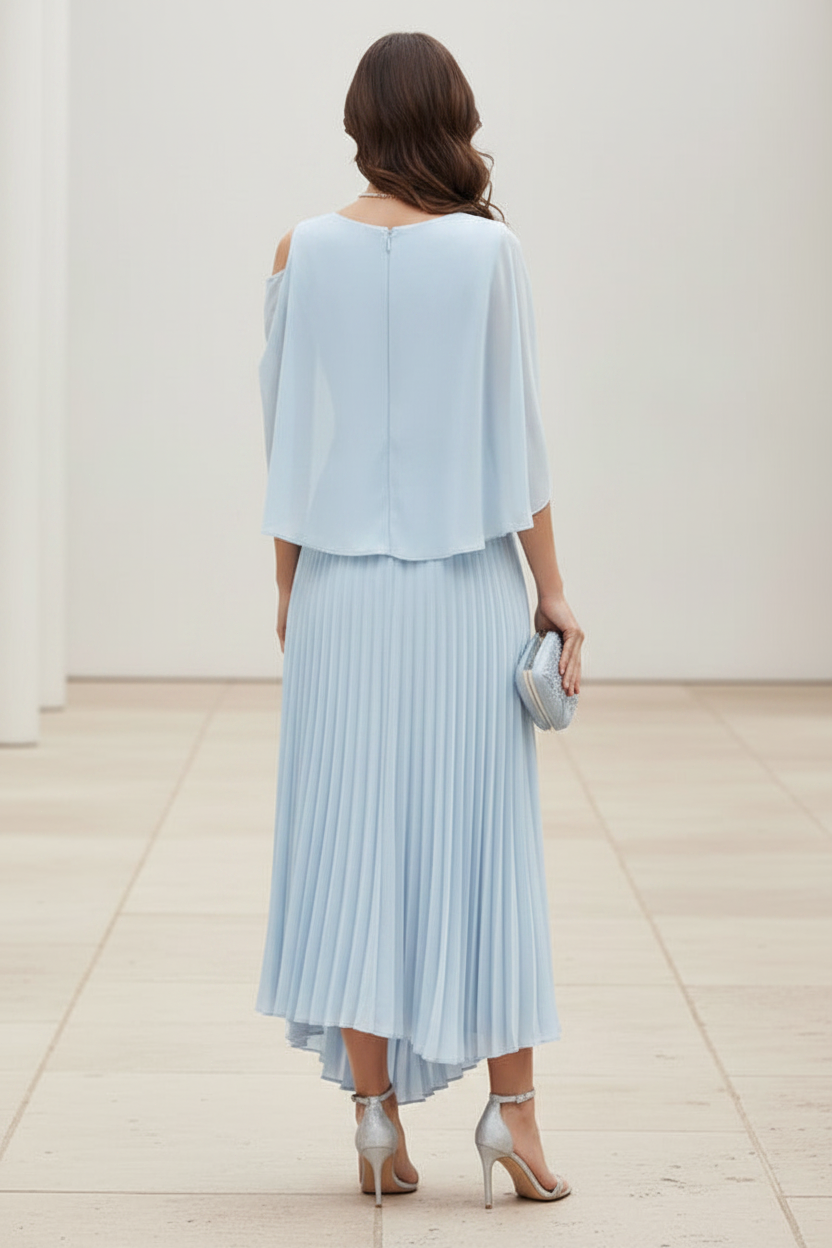 Asymmetrical Pleated Tea-Length Dress with Capelet