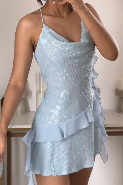 Sequin Cowl Neck Mini Dress with Asymmetric Ruffles
