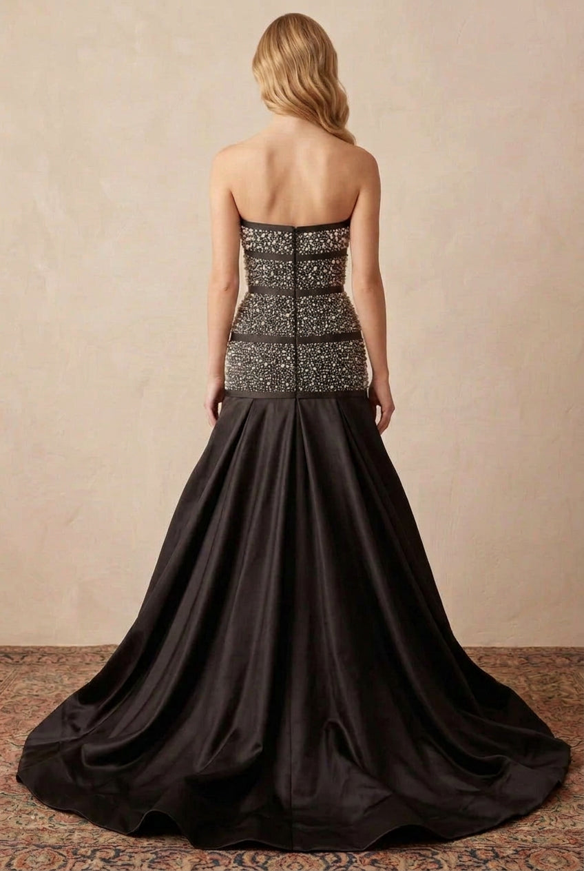Strapless Beaded Trumpet Gown with Bow Accents