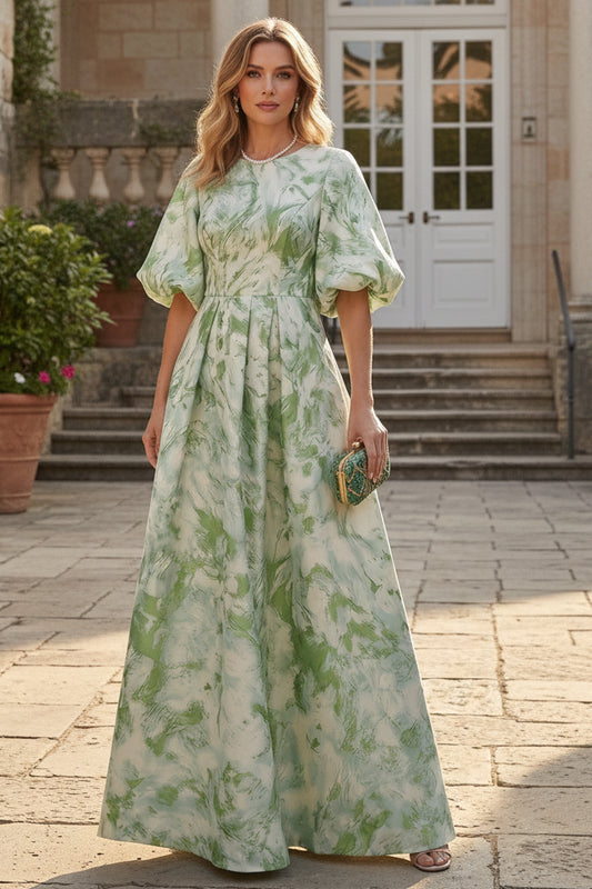 A-Line Pleated Jacquard Maxi Dress with Elbow Sleeves