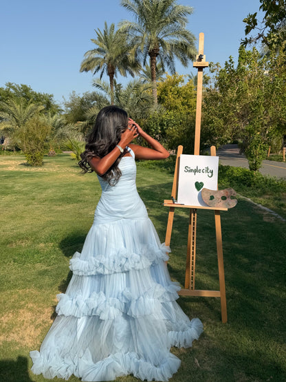 Ruched Halter Tiered Ruffle Tulle Gown