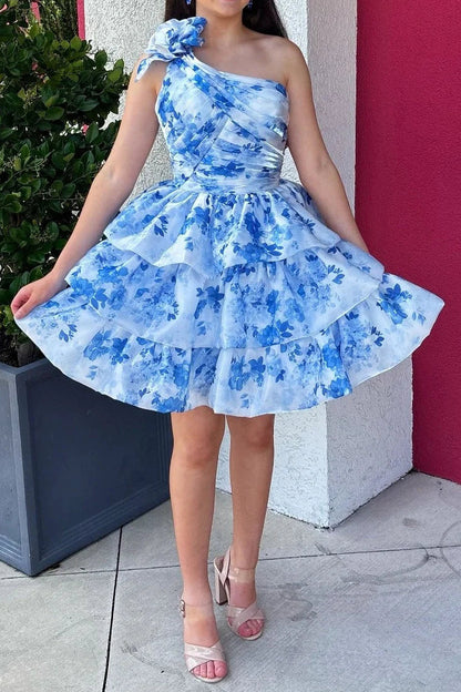 One-Shoulder Tiered Floral Mini Dress