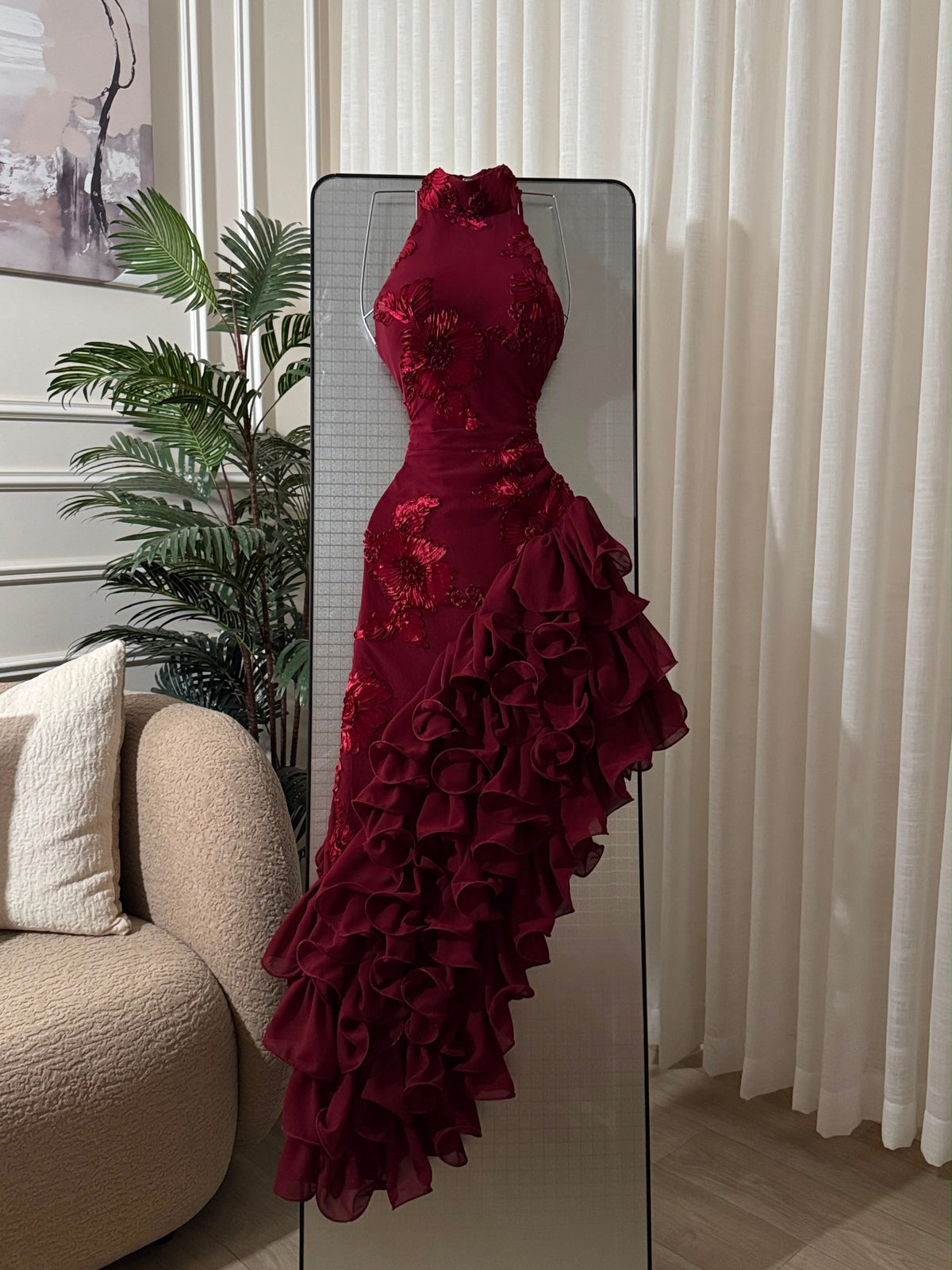 Halter Floral Applique Ruffled High-Slit Gown