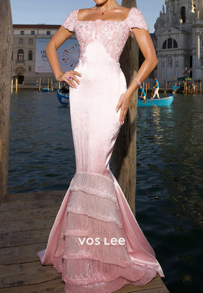 Lace Bodice Mermaid Gown with Tiered Fringe Hem