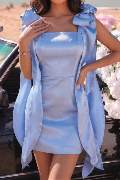 Satin Mini Dress with Bow-Tie Cape Sleeves