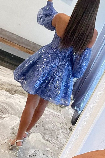 Off Shoulder Puff Sleeve Sequin Lace Mini Dress