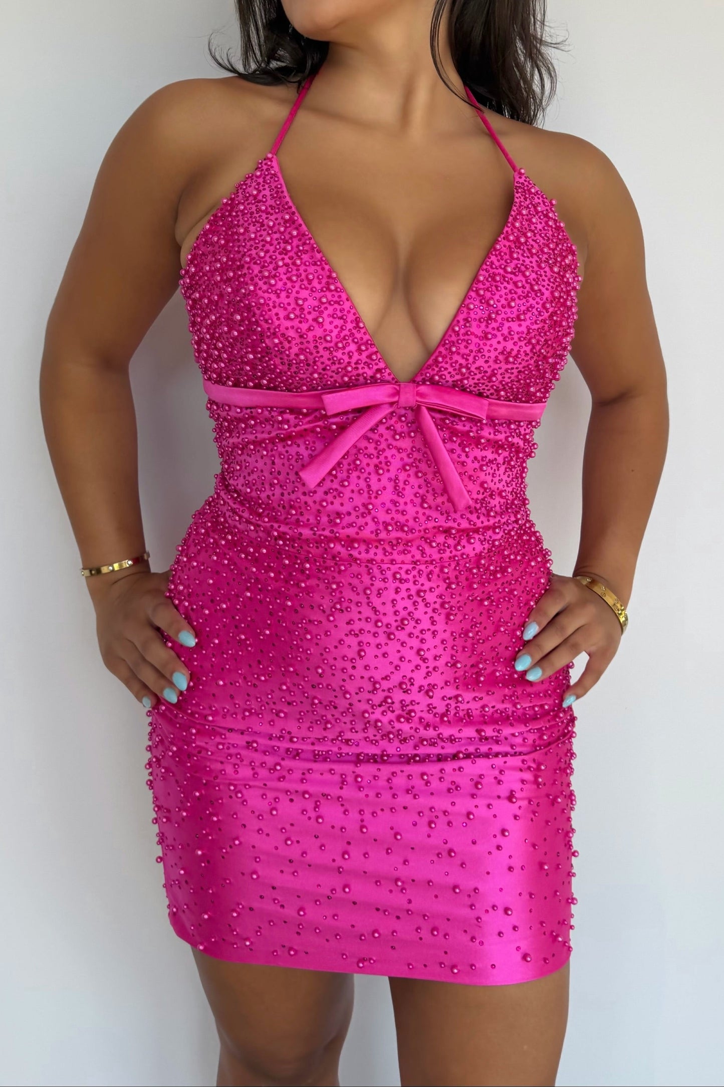 Beaded Halter Mini Dress with Deep-V Neckline & Ruched Back