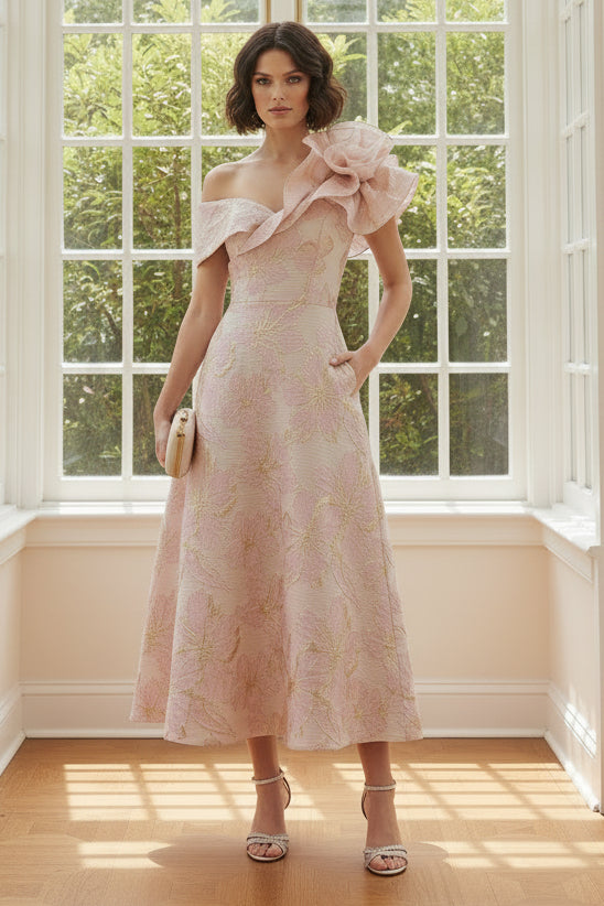 Off Shoulder Floral Jacquard Midi Dress with Ruffle