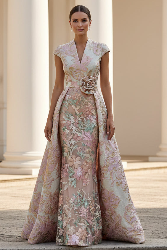 Floral Jacquard and Lace Gown with Overskirt