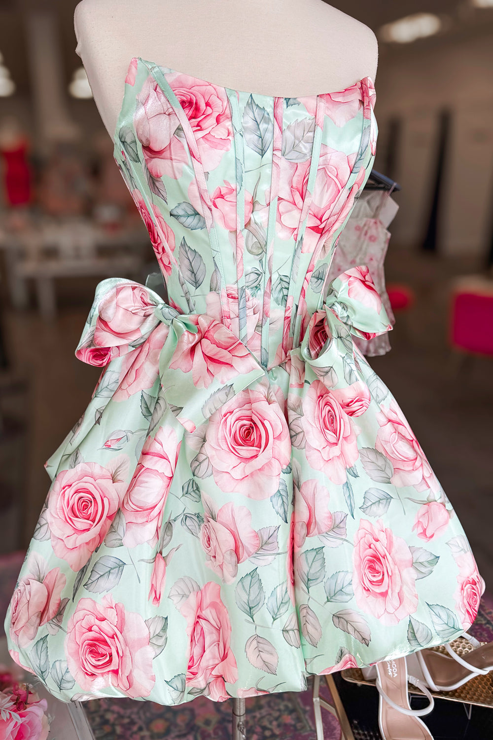 Floral Print Strapless Corset Bubble Mini Dress