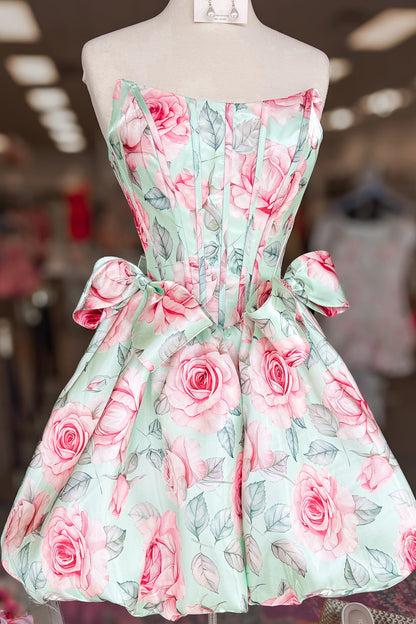 Floral Print Strapless Corset Bubble Mini Dress