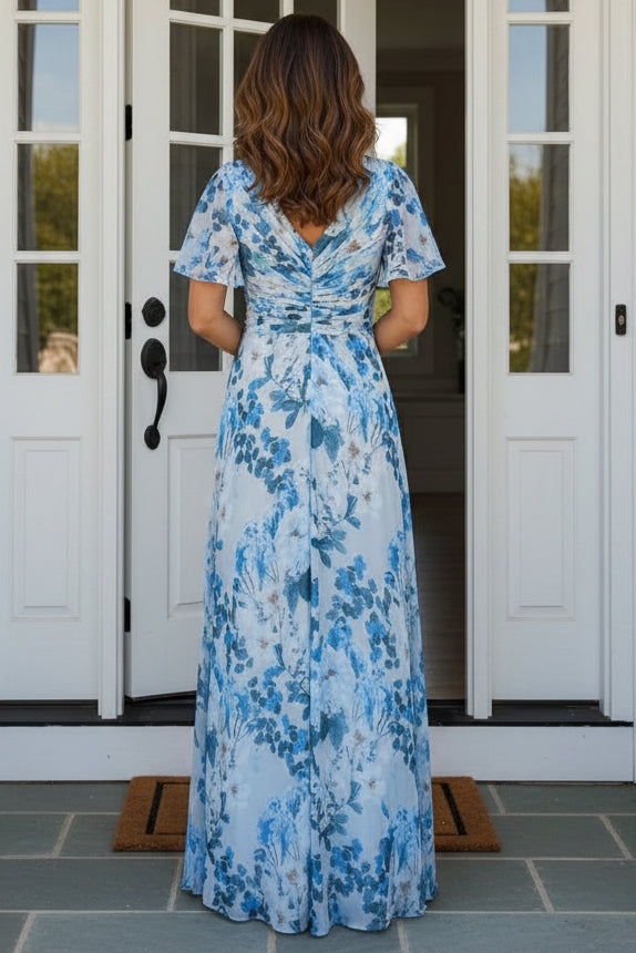 Floral V-Neck Maxi Dress with Flutter Sleeves