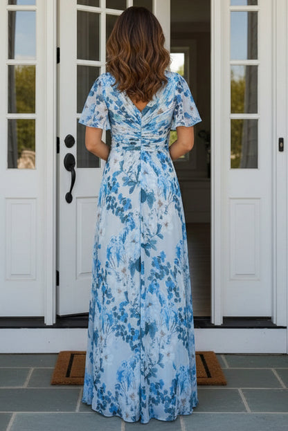 Floral V-Neck Maxi Dress with Flutter Sleeves