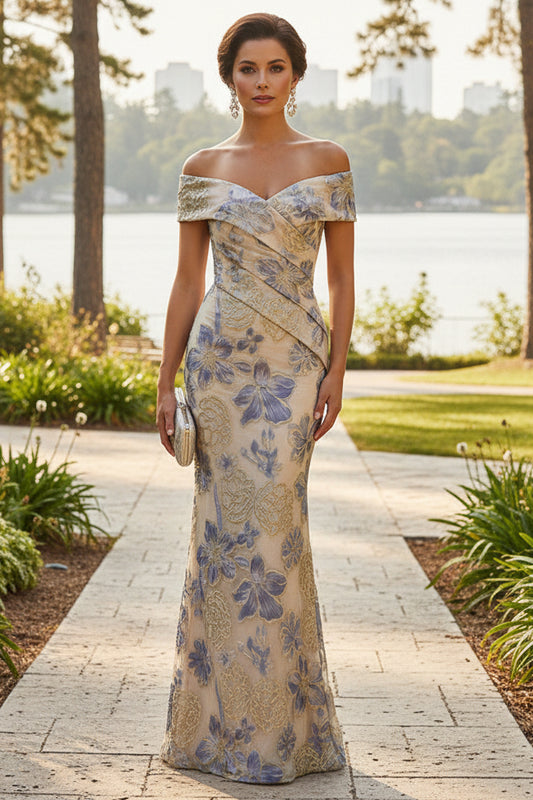 Off-the-Shoulder Jacquard Floral Evening Gown