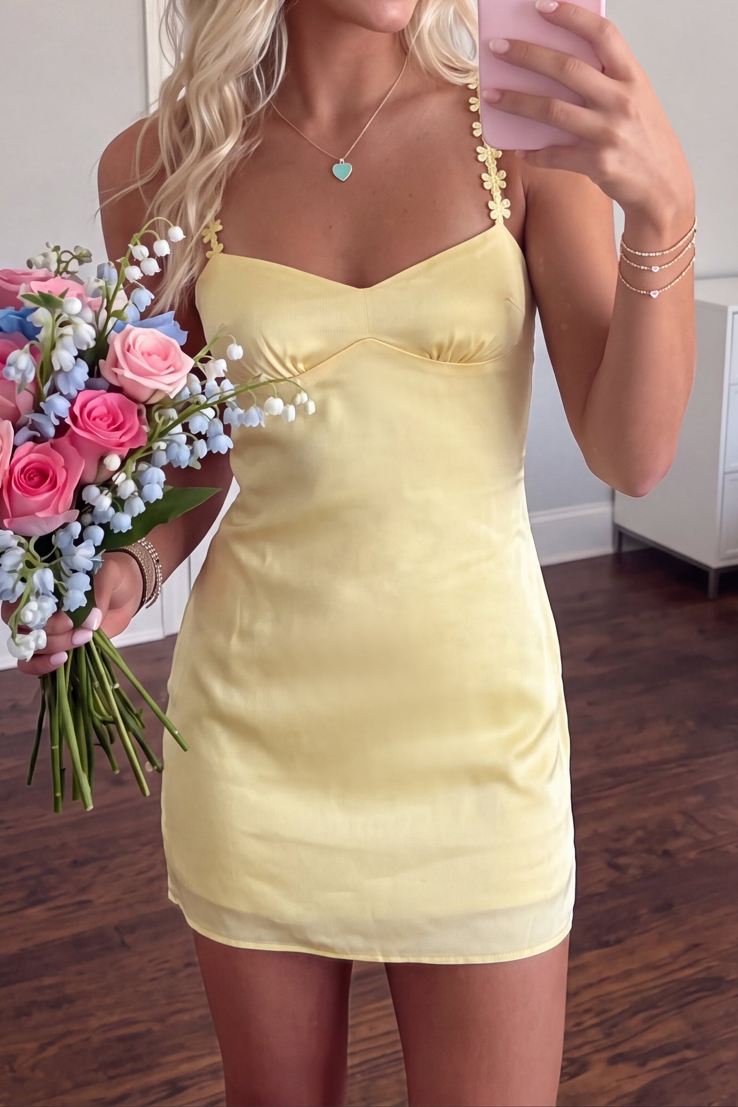 Satin Mini Dress with Floral Daisy Straps