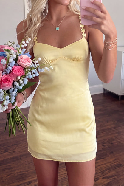 Satin Mini Dress with Floral Daisy Straps