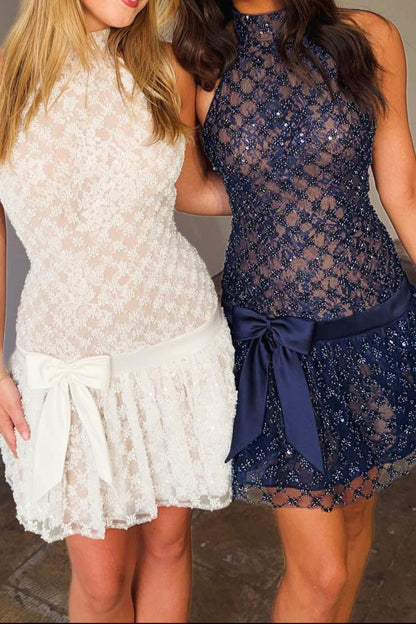 Sequin Lace Mini Dress with High Neck & Satin Bow