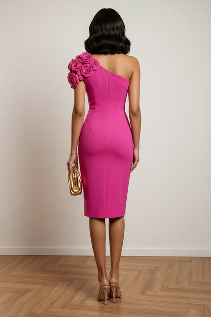 One Shoulder Bodycon Midi Dress with 3D Roses