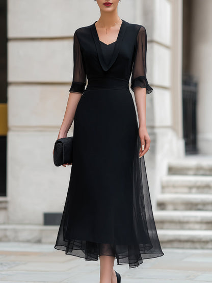Elegant V-Neck A-Line Tea-Length Chiffon Dress