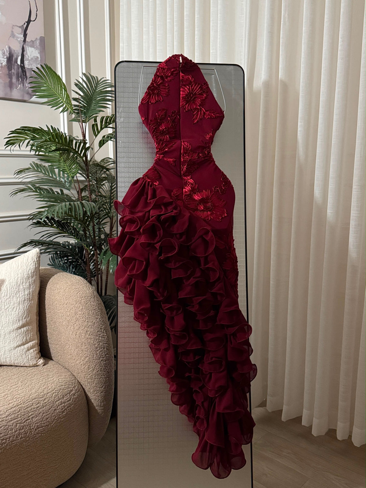 Halter Floral Applique Ruffled High-Slit Gown