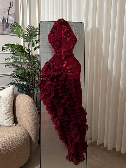 Halter Floral Applique Ruffled High-Slit Gown