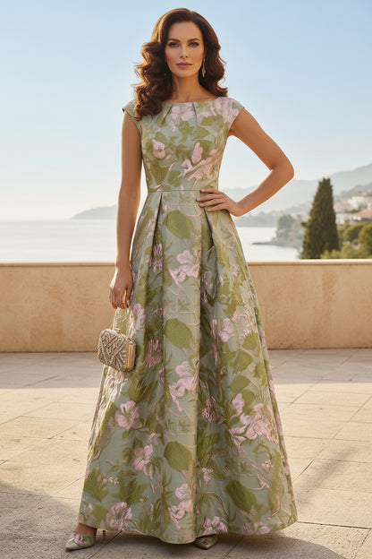 Floral Jacquard A-Line Maxi Dress with Cap Sleeves