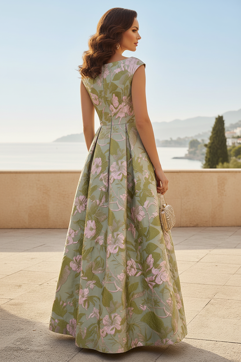 Floral Jacquard A-Line Maxi Dress with Cap Sleeves