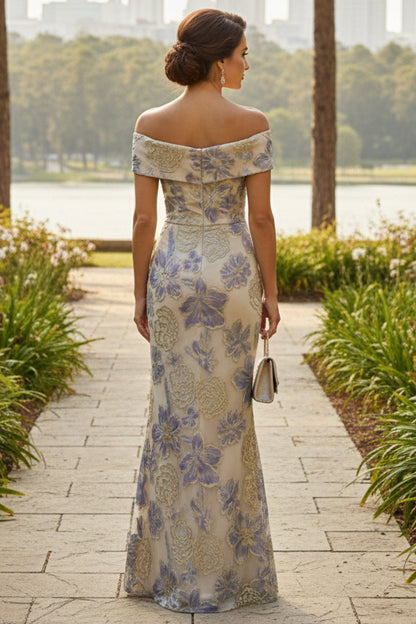 Off-the-Shoulder Jacquard Floral Evening Gown